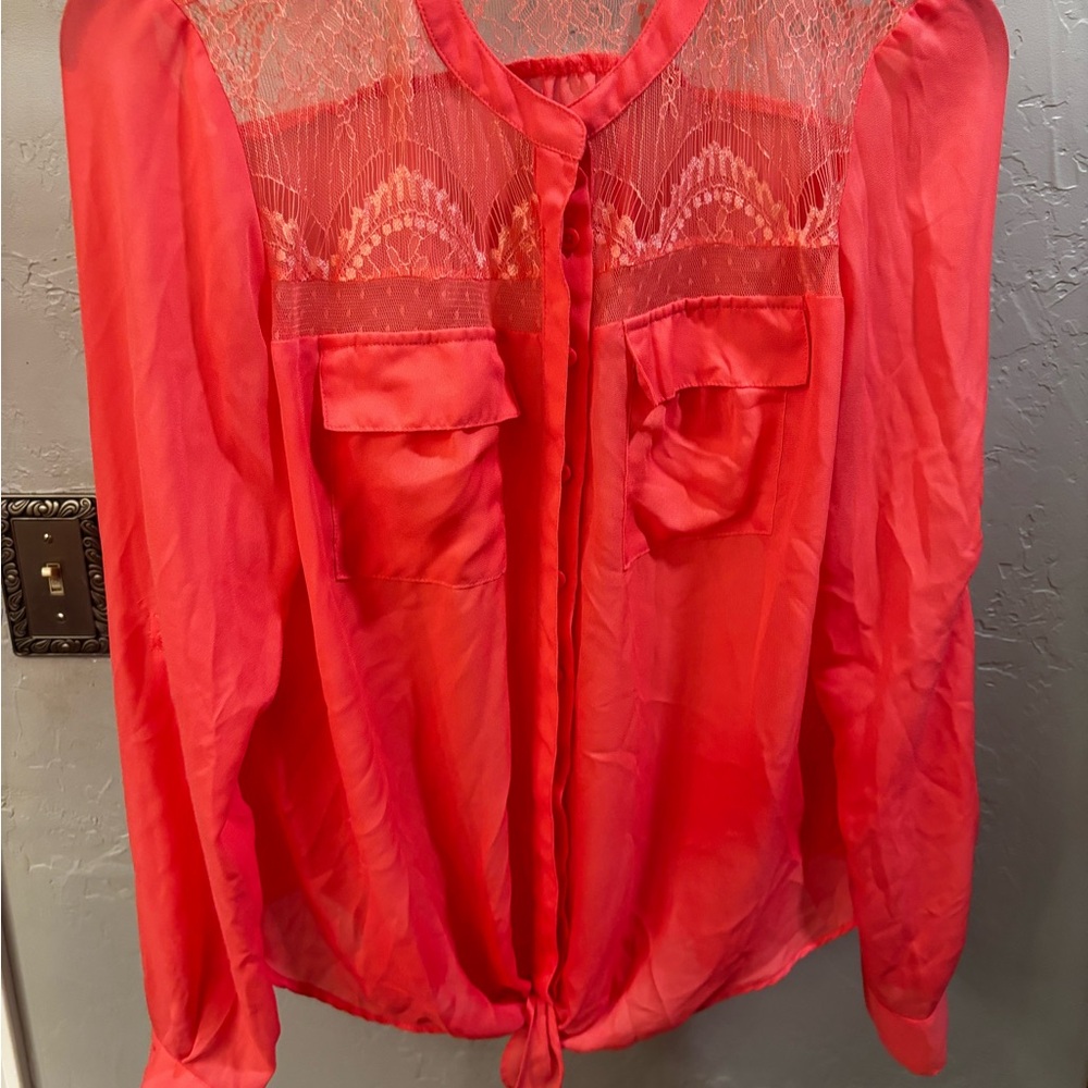 Candie's Vibrant Coral Lace Blouse